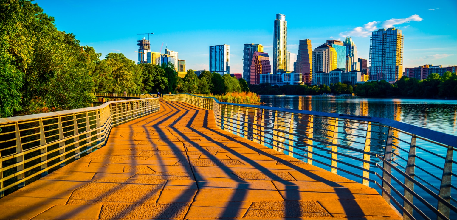 Bright photo of downtown Austin from the East.