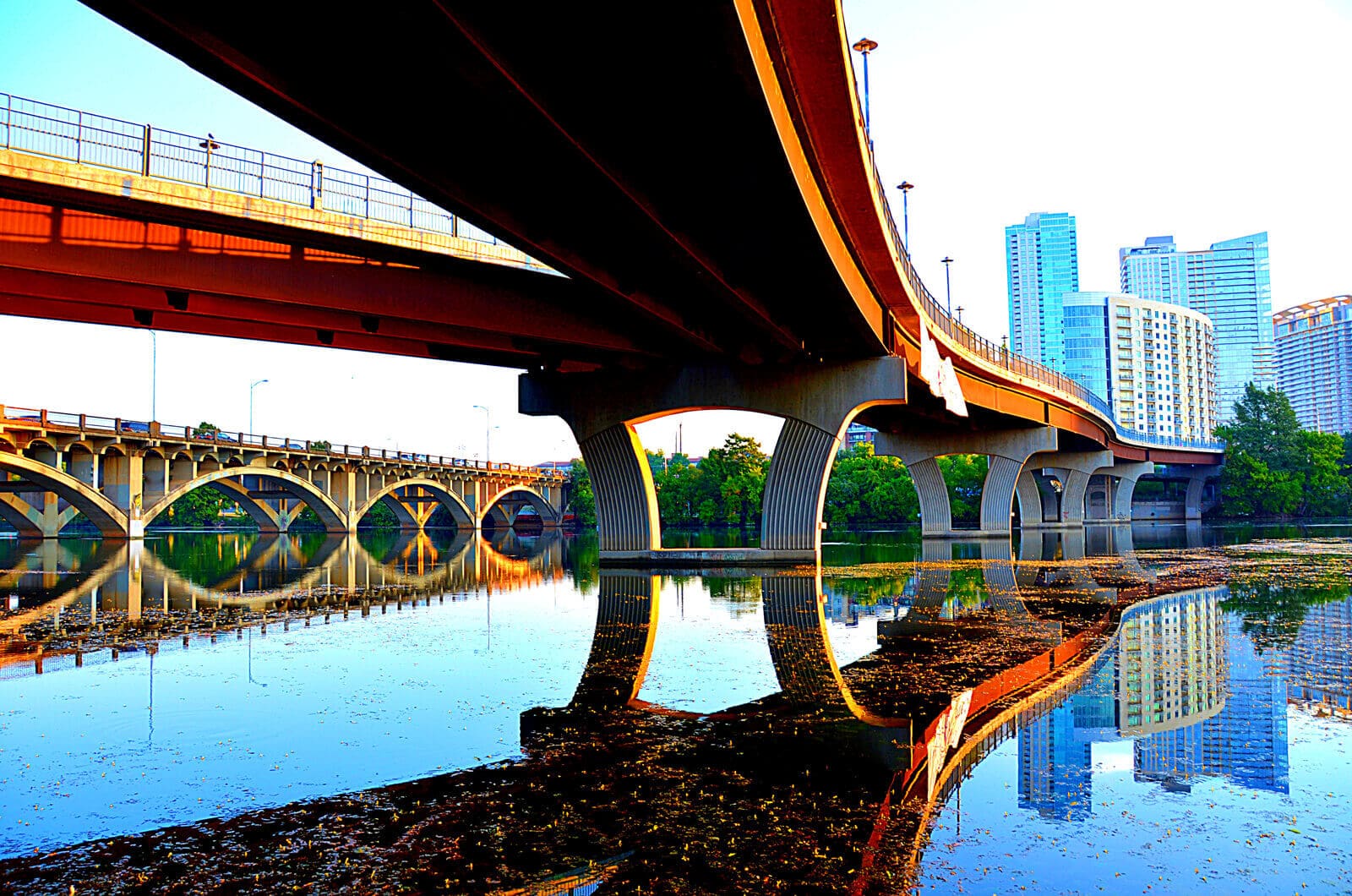 Image from underneath the one the bridges in Austin looking towards downtown.